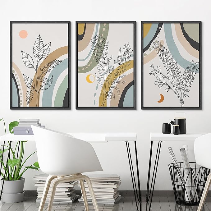Ashbrook Framed Wall Art Print Set 1960s Retro Floral Forest Plant Silhouettes Abstract Nature Illustrations Modern Art Boho Colorful for Living Room, Bedroom, Office - 16"x24"x3 BLACK