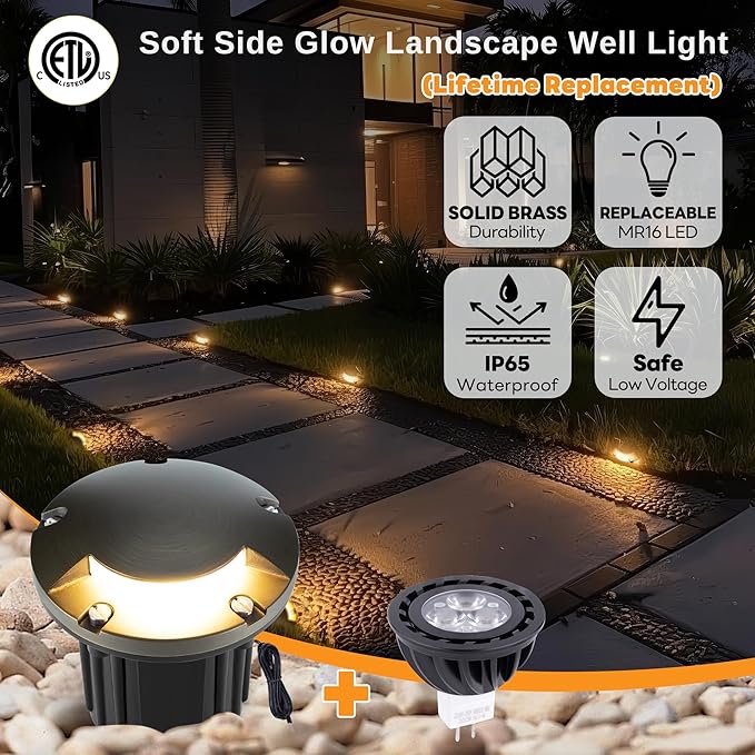 Gardenreet Low Voltage Outdoor Well Light - Brass Low Voltage All Weather 12V In Ground Lighting, Wired LED Fixture, Antique Bronze for Lawn Backyard Pathway with 4000K Neutral White MR16 Bulb