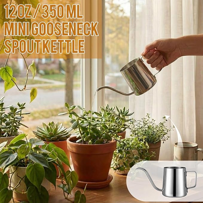 2 Pcs 12 oz / 350 ml Watering Can for Indoor Plants, 304 Stainless Steel Small Gooseneck Spout Kettle, Mini Indoor Watering Can with Scale and Long Spout