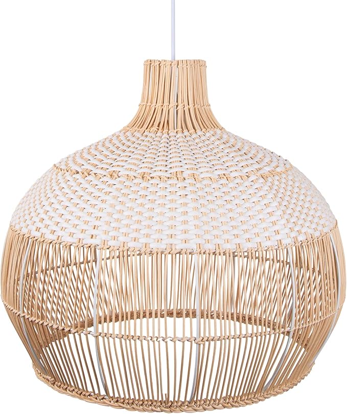 Arturesthome 23.6" White Rattan Pendant Light for Kitchen Island Sink, Wicker Chandelier, Handwoven Hanging Ceiling Light Lampshade for Dining Room Bedroom