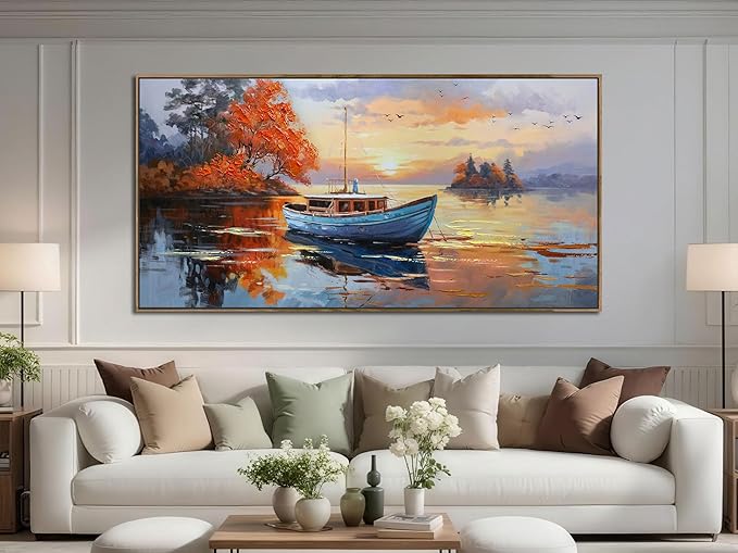Brushart Ship Wall Art for Living Room, Large Canvas Wall Art Landscape Pictures Paintings Wall Decor Textured Artwork for Walls Bedroom Home Office, Framed 48"x24"