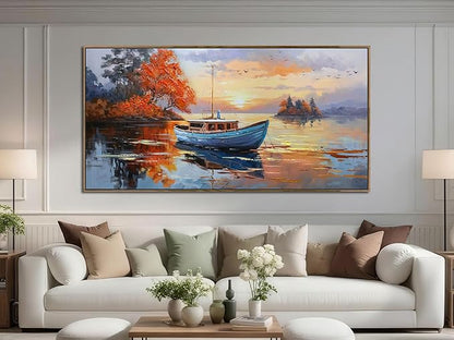 Brushart Ship Wall Art for Living Room, Large Canvas Wall Art Landscape Pictures Paintings Wall Decor Textured Artwork for Walls Bedroom Home Office, Framed 48"x24"