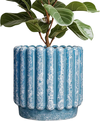 Ceramic Pots for Plants - 12 Inch Planter with Drainage Hole, Round Large Flower Pots for Indoor Plants Outdoor, Fluted Decorative Ceramic Planter, Home Office Decor, Garden Gifts, Blue