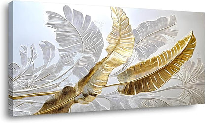 Gold Silver Leaf Canvas Wall Art Golden Silver Palm Leaves Art Painting Abstract Leaf Landscape Painting Textured Modern Aesthetic Nature-Inspired Metallic Leaf Picture Artwork for Living Room, Bedroom & Office, Ready to Hang (30x60 Inches)