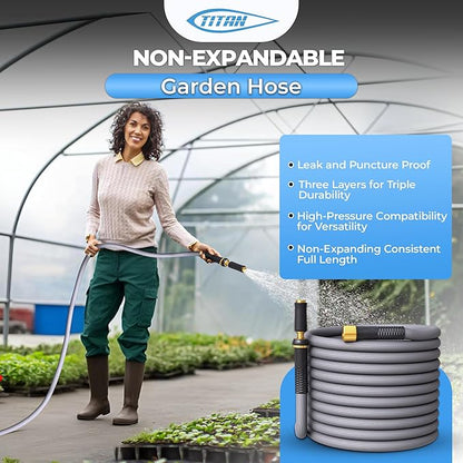 TITAN Garden Hose | Flexible, Lightweight, Kink-Free & Durable Hybrid Water Hose with Heavy Duty Brass Connectors & High-Pressure Jet Nozzle (50FT x 5/8”)