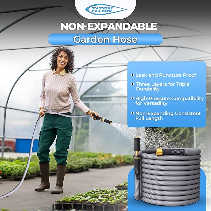 TITAN Garden Hose | Flexible, Lightweight, Kink-Free & Durable Hybrid Water Hose with Heavy Duty Brass Connectors & High-Pressure Jet Nozzle (25FT x 1/2”)