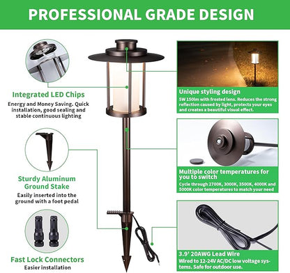 Outdoor Pathway Lights Wired 12V, 2700K/3000K/3500K/4000K/5000K Selectable Landscape Path Light Waterproof, LED Walkway Fixture Electric, ORB Aluminum for All Weather Garden Yard (12 Pack)