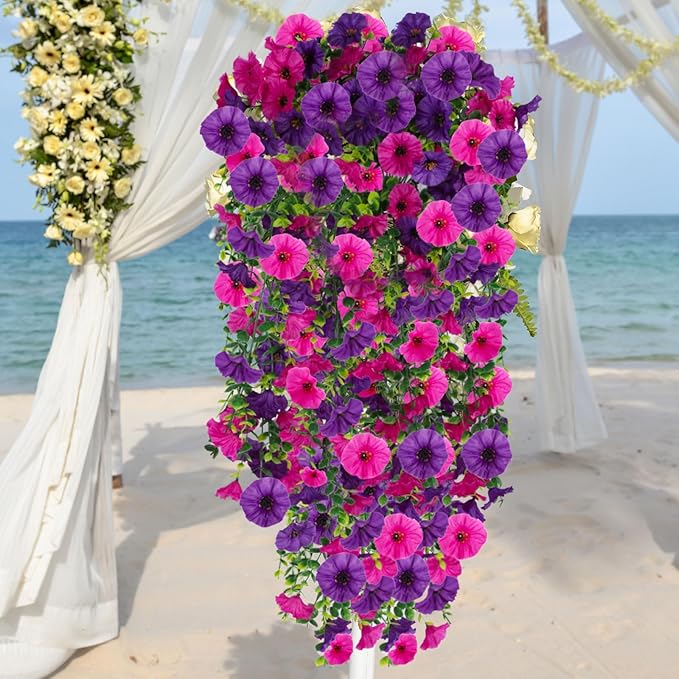 Artificial Hanging Flowers for Outdoor, 2 PCS Silk Morning Glory Faux Flowers with Eucalyptus Leaves,Realistic Hanging Plants for Wedding Home Office Garden Decor