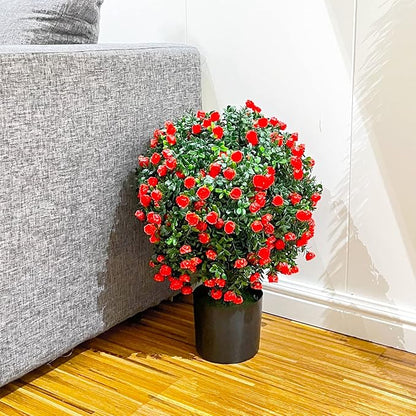 Sunnyglade 21.6” Tall Artificial Rose Topiary Ball Tree Set of 2 Pack Potted Bushes UV Resistant Potted Plants for Indoor Outdoor Home Garden(Red)