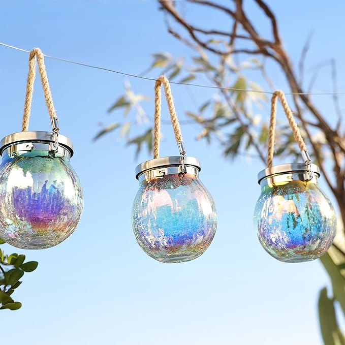 Cooo Christmas Gifts 2 Pack Solar Lanterns Waterproof Outdoor Iridescent Heavy Crackle Glass a Big LED Stainless Steel Lid 215% Solar for Women Mom Grandma Outdoor Table Lamps Garden Backyard Decor