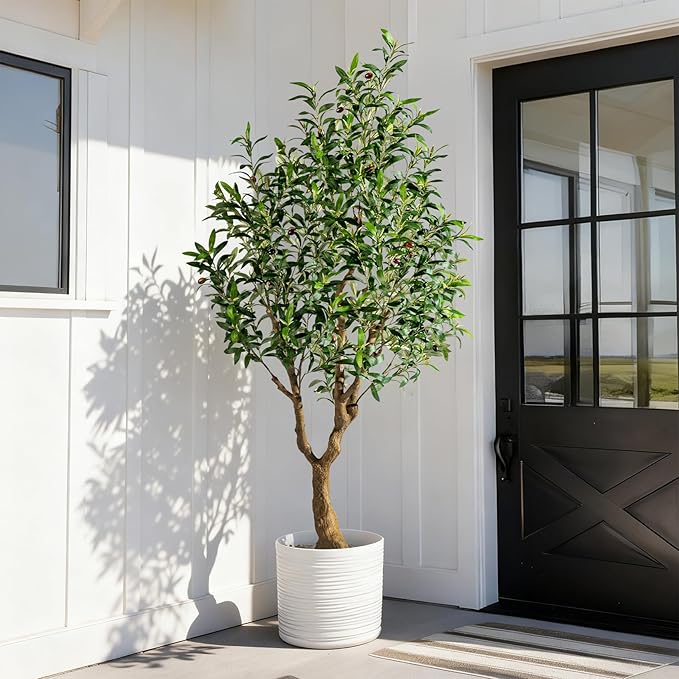 6FT Faux Olive Tree with Tall Exquisite Planter Artificial Olive Tree Tall, Potted Fake Olive Plant with 1260 Real Touch Leaves, Indoor Outdoor Home Garden Office Decor