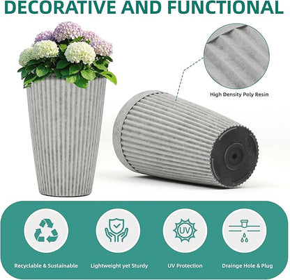 20" Tall Planters Set of 2, High-Density Resin Fluted Outdoor Pots for Plants, Versatile Indoor/Outdoor Flower Pots w/Drainage Holes for Patio, Garden, Porch & Living Room Decor, Ideal Gift
