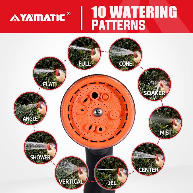 YAMATIC Garden Hose Nozzle, 10 Adjustable Spray Nozzle, Heavy Duty Water Hose Nozzle with THUMB CONTROL ON OFF VALVE for Watering Plants,Lawn Washing Cars,Cleaning,Showering Pets & Outdoor Fun