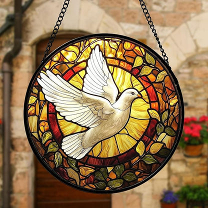 Stained Glass Window Hanging, Flying White Dove Sun Catchers Diamond Glass Panel Hangings Cute Birds Suncatcher Decor for Birthday for Women, Men, Wife, Aunt, and Mom 9.8X9.8 in