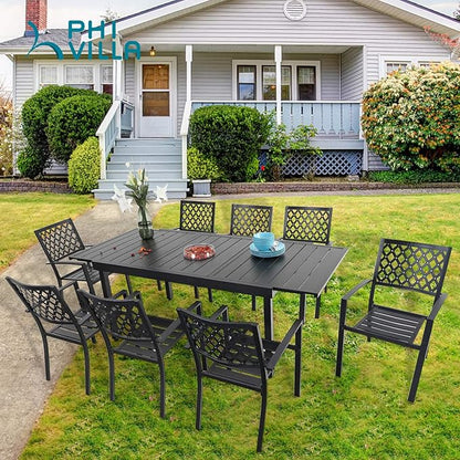 PHI VILLA 9 Piece Outdoor Dining Table Sets, Expandable Rectangular Metal Dining Table and 8 Bistro Metal Chairs for Patio, Deck, Yard