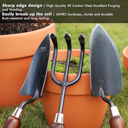 RESTMO 3-in-1 Heavy Duty Gardening Tools Kit, Premium Carbon Steel Garden Hand Tools with Ergonomic Wooden Handle Includes Trowel, Transplanter, and Cultivator, Ideal Gardening Gifts for Gardener