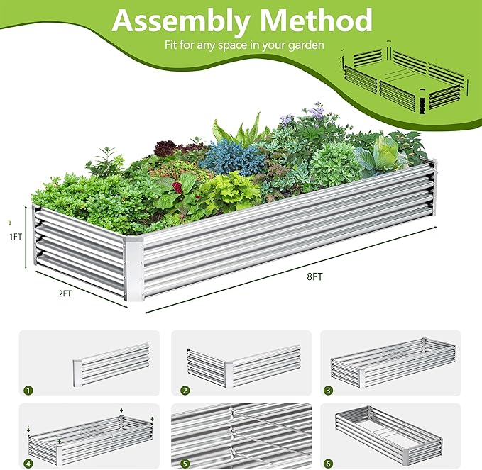 2PCS 8x2x1FT Galvanized Raised Garden Bed Kit,Vegetable Boxes-Rectangle Metal Flower Box,Large Planter Raised Beds Outdoor Garden for Planting,Fruit,Herb-Silver