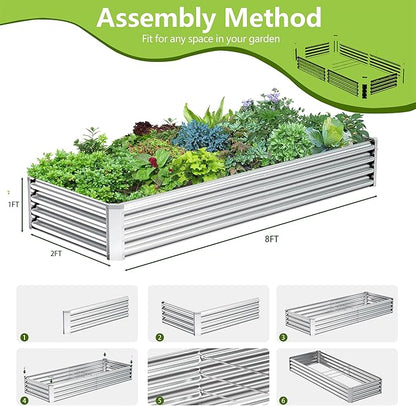 2PCS 8x2x1FT Galvanized Raised Garden Bed Kit,Vegetable Boxes-Rectangle Metal Flower Box,Large Planter Raised Beds Outdoor Garden for Planting,Fruit,Herb-Silver