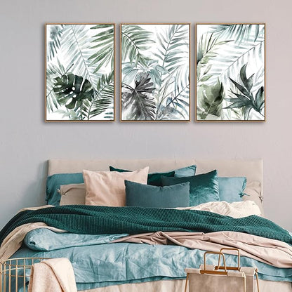 Large Framed Canvas Wall Art - Natural Float Framed Tropic Leaf Pictures Wall Art Prints for Living Room Decor Green Plants Artwork for Bedroom Kitchen Home Office Decoration 60" X 28" Set of 3