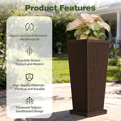 Square Tall Planters for Outdoor Plants Set of 2-23.6" Heavy-Duty Classic Tapered Indoor Flower Pots with Drainage Holes/Partition/Tray, Large Outdoor Planters for Porch Patio Garden, Brown