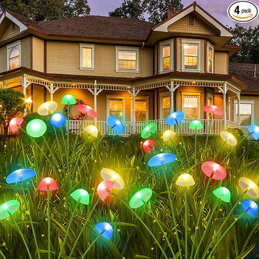 4PK 32LED Solar Garden Lights Outdoor, Mushroom Solar Lights Outdoor, IP65 Waterproof Firefly Light Outside Decor for Patio Pathway, Sway by Wind for Pathway Garden Mushroom Decorations, Multicolor