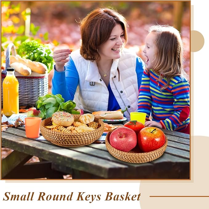 Hushee 6 Pcs Small Round Keys Basket for Entryway Woven Bowl Basket Rattan Wicker Round Tray Organizing for Keys Wallet Cell Phone Tabletop Serving Fruit Food Holder Decorative Table Storage (Brown)