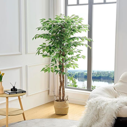 VECELO Ficus Tree Artificial 6 Feet, Tall Faux Tree in Pot, Fake Floor Plant with Realistic Tree Branch & Silk Leaves for Home Office Indoor Decor