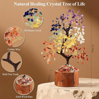 Crystal Tree of Life, Healing Crystal Trees with 280 Beads Chakra Stones, Handmade 7 Chakra Tree for Home Office Desk Crystal Decor, Good Luck Birthday Gifts for Women, Mom