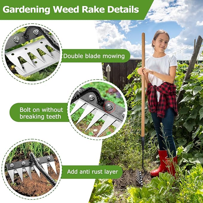 Gardenia Iron Weeding Rake, 2.0 Iron Weeding Rake with Long Handle, 6 Teeth Heavy Duty Puller Tools for Gardening, Weedings ,Lawn