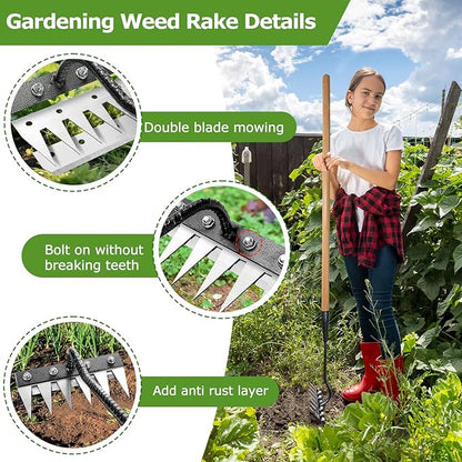 Gardenia Iron Weeding Rake, 2.0 Iron Weeding Rake with Long Handle, 6 Teeth Heavy Duty Puller Tools for Gardening, Weedings ,Lawn