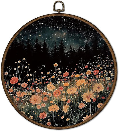 cvjutf Moody Vintage Wildflower Wall Art Decor Framed, Dark Academia Black Forest Floral Round Wall Decor, Retro Cottagecore Country Landscape Canvas Prints Art for Home Bedroom Living Room, 10x10 In