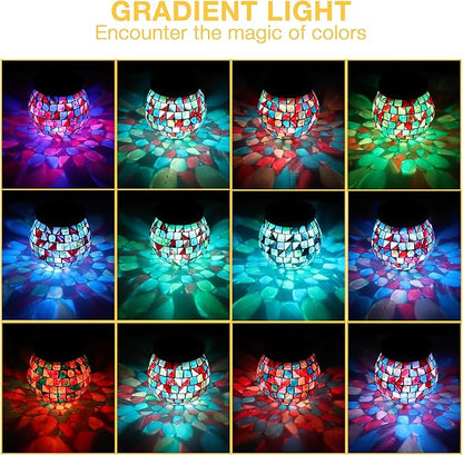 Cooo 4 Pack Landscape Lighting Path Lights Heavy Solar Mosaic Lantern with RGB Color-Changing Light – Dual Solar Panels, Red Amber Glass Tiles, Waterproof Outdoor Christmas Decorations