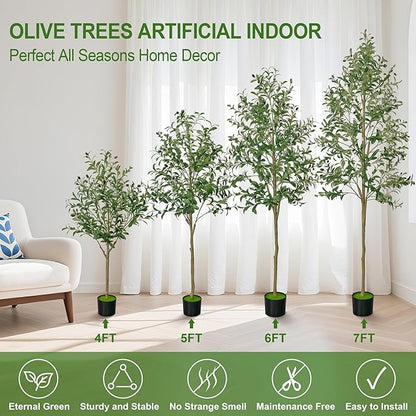 7 FT Olive Trees Artificial Indoor, Faux Olive Tree 7 Feet with Natural Wood Trunk Branches and Lifelike Fruits, Realistic Fake Tree Artificial Plants Tall with Planter for Home Office Decor