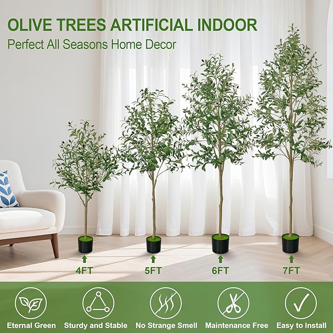 5 FT Olive Trees Artificial Indoor, Faux Olive Tree 5 ft with Natural Wood Trunk Branches and Lifelike Fruits, Realistic Fake Tree Artificial Plants Tall with Planter for Home Office Decor