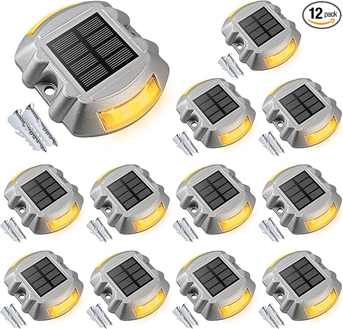 VOLISUN Solar Deck Lights Driveway Dock Light, 12-Pack Led IP67 Waterproof Outdoor Warning Step Lights for Driveway Sidewalk Garden Pathway Yard(Warm White)