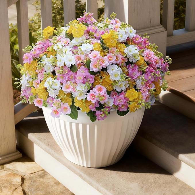 alyptus Artificial Flowers for Outdoors, 12 Bundles UV Resistant Spring Fake Flowers for Porch, Patio & Home Decor – Realistic Outdoor Faux Plants with 4 Colors - Multicolor