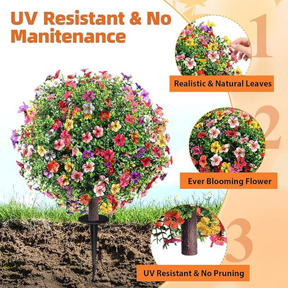 27.5" Artificial Boxwood Topiary Ball Trees with Colorful Flowers, Set of 2 Fake Bushes Shrubs with Ground Spike, UV Resistant Faux Evergreen Tree for Front Porch Outdoor Garden Decor