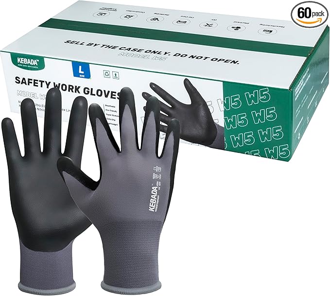 Kebada W5 Work Gloves Bulk Pack (60 Paris), Foam Nitrile Coated Working Gloves with Grip, Ultra Stretchable Spandex Knit Gloves for Gardening and Light Duty Mechanic Work, Large (Made in Vietnam)