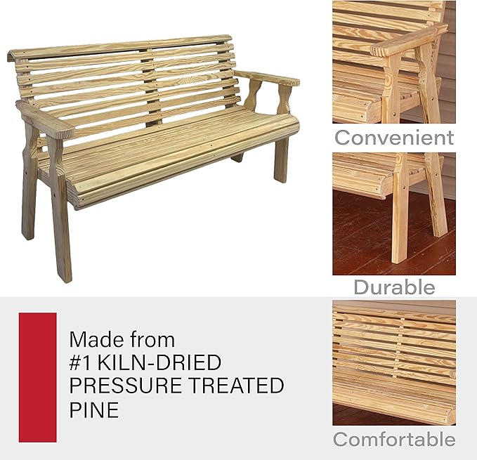 Amish Casual Heavy Duty Unfinished 5 Foot Roll Back Outdoor Bench - Amish Made in The USA from Treated Pine for Outdoor Durability, 700 Lb Weight Capacity