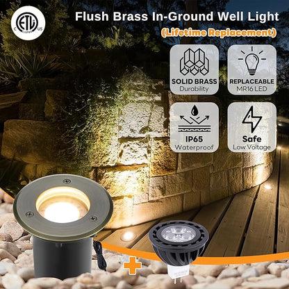 Gardenreet Landscape Low Voltage Well Light - Brass Electric LED 12V in-Grade Lighting, Replaceable Bulb Wired Fixture, Antique Bronze for Wall Yard Pathway with 5000K Daylight White MR16 Bulb