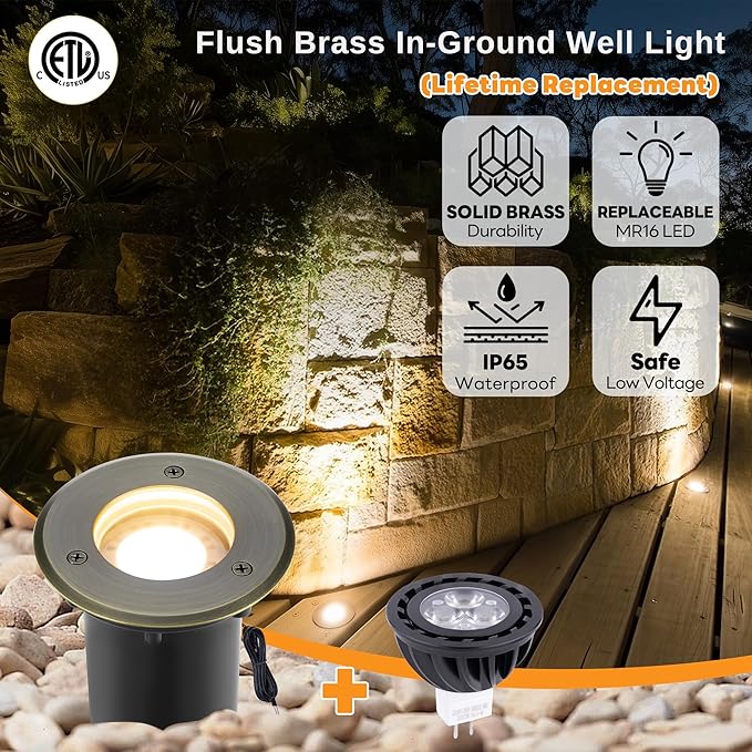 Gardenreet Low Voltage Brass Well Lights - LED 12V Weatherproof In-Ground Replaceable Bulb Fixture, Hardwired Fixture, Antique Bronze for Tree House Wall with 2700K Warm White MR16 Bulb