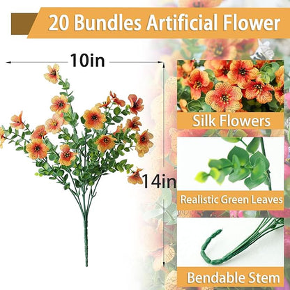 mizii Artificial Flowers for Outdoors 20 Bundles Realistic Faux Silk Flower UV Resistant Fake Plants Outside Decorations for Patio Garden Balcony Yard Porch Summer Indoor Home Decor (Light Orange)