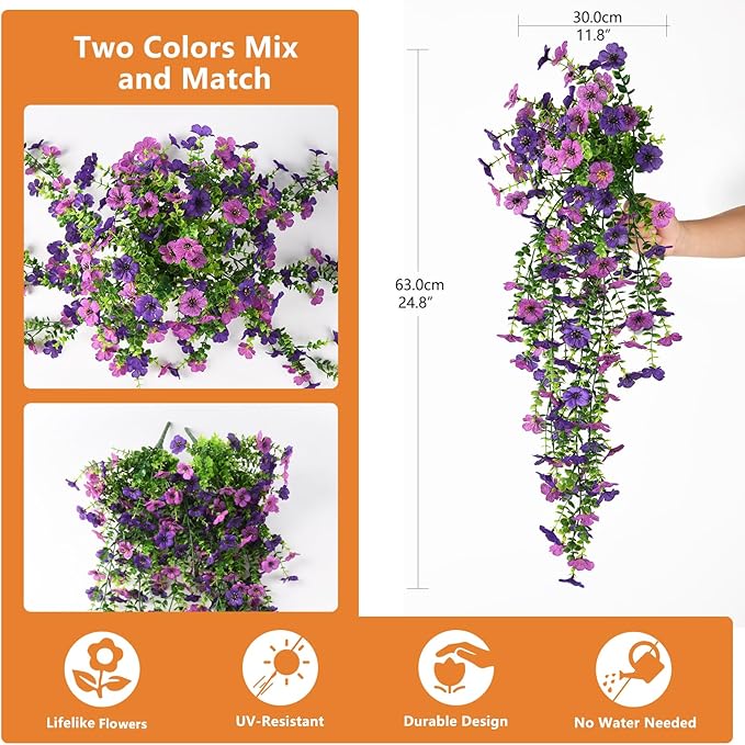 Fake Artificial Hanging Flowers for Outdoors, 2 Pcs Fake Hanging Plant Spring Summer Decor, UV Resistant No Fade Faux Silk Daisy Flower for Front Door Porch Planter Patio Yard Garden(Double Purple)