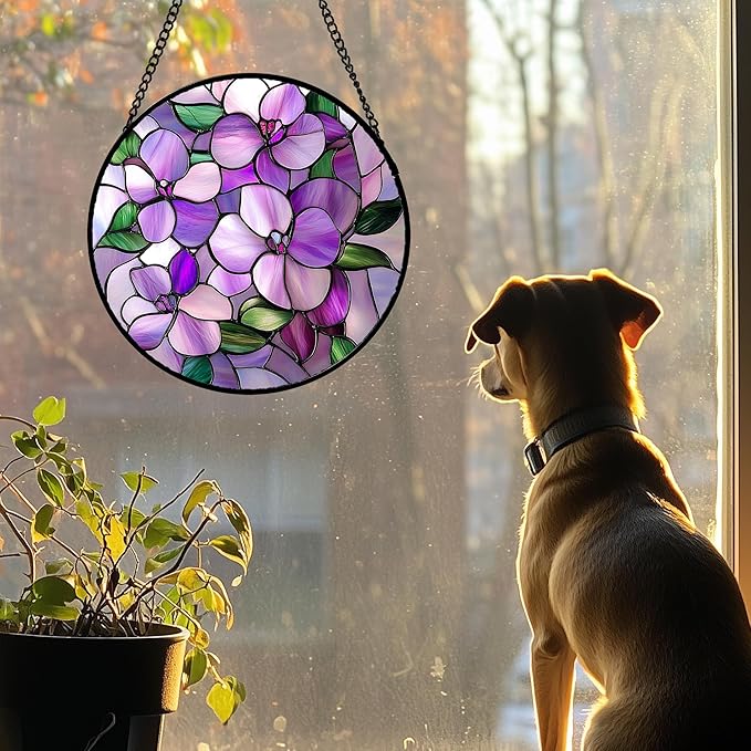 Stained Glass Window Hanging 4 Pcs Set Purple Flower Theme 6.3" - Tulip Suncatcher Door Garden Sun Catcher Decor Birthday Christmas for Plant Lovers Woman Nana Men