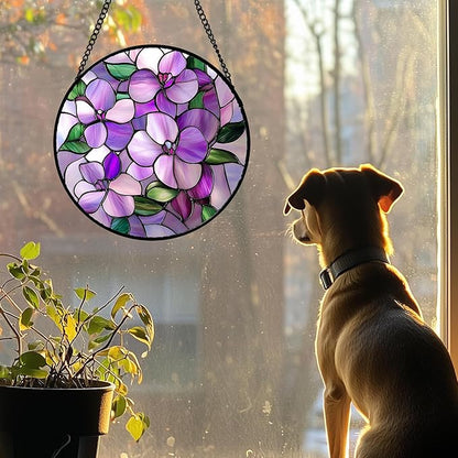 Stained Glass Window Hanging 4 Pcs Set Purple Flower Theme 6.3" - Tulip Suncatcher Door Garden Sun Catcher Decor Birthday Christmas for Plant Lovers Woman Nana Men