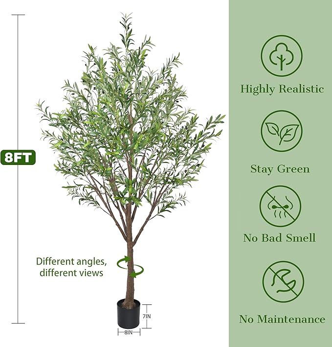 Artificial Olive Tree 8FT with 2253 Leaves Realistic Tall Large Faux Silk Deluxe Plant 96 Inch Black Pot for Indoor Home Office Porch Mall School Hotel Modern Decor Housewarming Gift
