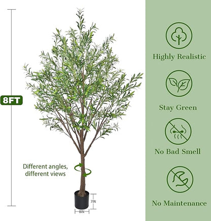 Artificial Olive Tree 8FT with 2253 Leaves Realistic Tall Large Faux Silk Deluxe Plant 96 Inch Black Pot for Indoor Home Office Porch Mall School Hotel Modern Decor Housewarming Gift