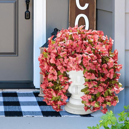 Bougainvillea Artificial Flowers Fake Plants for Outdoors Winter Decoration, 2 pcs Faux Long Trailing Vines UV Resistant Look Real Red Silk Flowers for Outside Planter Front Door Porch Urn Yard Patio