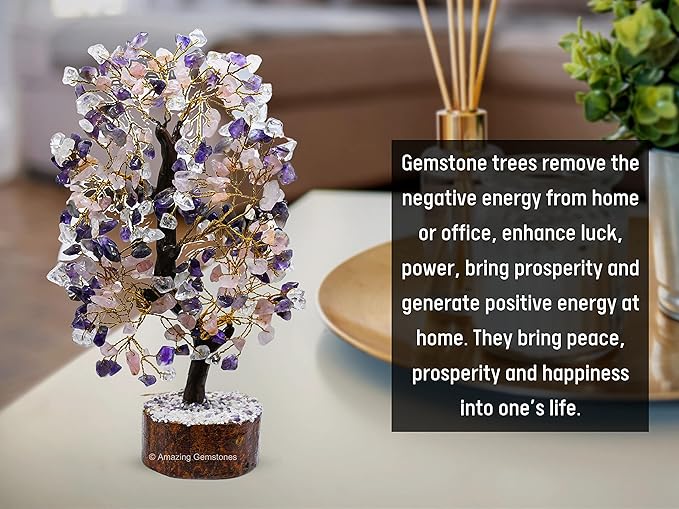 Large Amethyst Rose Quartz Clear Quartz Natural Healing Premium Crystal Bonsai Feng Shui Fortune Money Tree of Life for Home Office Decor Gift Box Ready