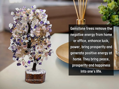 Large Amethyst Rose Quartz Clear Quartz Natural Healing Premium Crystal Bonsai Feng Shui Fortune Money Tree of Life for Home Office Decor Gift Box Ready